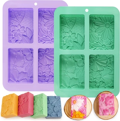 Soap Molds Silicone, 3D Rectangular Flower Pattern Silicone Molds for Handmade C - Image 1 of 4