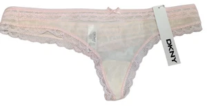 DKNY #576189 LARGE Signature Lace Thong Panties White Pink Lace Trim - Picture 1 of 4