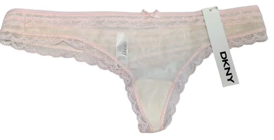  DKNY #576189 GRANDES Firma Tanga Bragas Blanco Rosa Borde de Encaje Foto 1 de 4