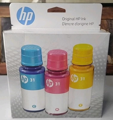 Genuine HP 31 3-Pack Cyan, Magenta, Yellow Ink Bottles 9C228AN EXP 12/25 Box Dmg - Image 1 of 4