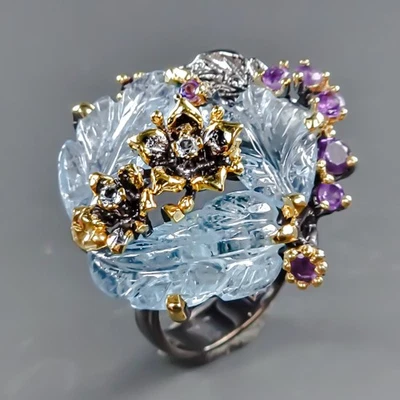 Anillo AAA Tallado 17 quilates Aguamarina Natural Plata de Ley 925 Talla 8/R431546 Foto 1 de 4