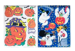 Vtg 90s Halloween Decor Window Clings Pumpkins Bats Ghosts Jack O Lanterns X 2 - Picture 1 of 5