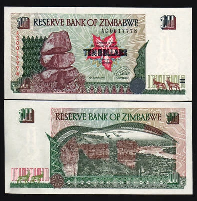 ZIMBABWE 10 DOLLARS P-6 1997 Replacement AC DEER UNC ANIMAL MONEY BILL BANKNOTE - Image 1 of 4