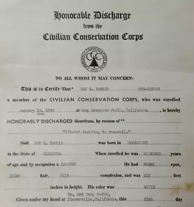 WPA Civilian Conservation Corps Discharge CCC Co 996 Placerville CA 1940 - Picture 1 of 4