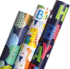 Ribbli Dinosaur Birthday Wrapping Paper 3 1 Count (Pack of 3), Blue/White - Picture 1 of 6