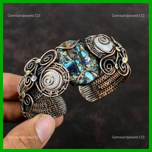 Oval Copper Multi Turquoise Gemstone Rainbow Moonstone Mother Bangle Cuff Copper - Picture 1 of 6