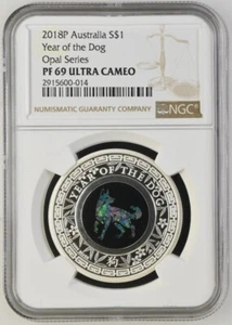 2018P AUSTRALIA S$1 YEAR OF THE DOG OPAL SERIES NGC PF 69 ULTRA CAMEO - Picture 1 of 2