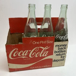 Vintage Green Glass Coke Bottles Lot of 3 Pint Bottles w/ One cardboard Case - Picture 1 of 8