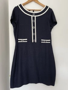 Hobbs Dark Navy and Cream Luxury Button Detail Dress Size 14 Excellent Condition - Picture 1 of 7