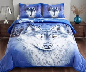 MANTA AZUL LOBOS CON SHERPA MUY SUAVE GRUESA Y CÁLIDA 3 PIEZAS TAMAÑO KING - Imagen 1 de 1
