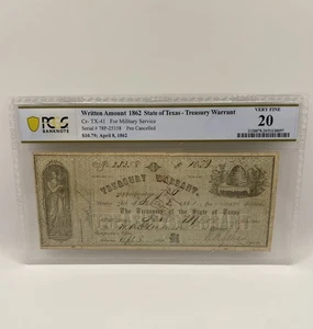 Mandato del Tesoro Stato del Texas per Servizio Militare Vf20 Annullato 1862 PCGS - Foto 1 di 7