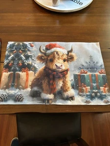 Highland Cow Christmas Placemats Set of 6 Denim Cute - Picture 1 of 5