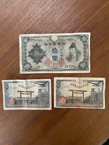 Lot of 3 WWII Era Japan Banknotes 10 Yen, 50 x2 Sen WW2 Currency - Picture 1 of 7