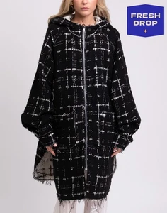 RRP €764 NOSTRA SANTISSIMA Topcoat IT44 US8 UK12 L Wool Blend Black Plaid Hooded - Picture 1 of 12