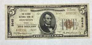 1929 National Bank of Houston Texas $5 National Currency Note (See Photo) - Picture 1 of 8
