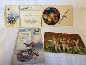 4 postales antiguas de año nuevo florales Robin querubines Forget Me nudos - Imagen 1 de 4