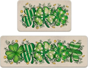 St. Patrick'S Day Clover Kitchen Rugs Set of 2, Shamrock Eucalyptus Leaves Polka - Picture 1 of 12