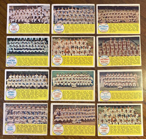1957 TOPPS BASEBALL TEAM CHECKLIST CARD LOT OF 12  DODGERS INDIANS   LOW GRADE