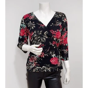 Emma James Petite Women's Black Floral V-neck 3/4 Sleeve Stretch Top Size XL - Picture 1 of 6
