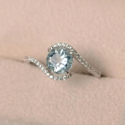 1.74 Ct Round Cut Real Aquamarine & Diamond Engagement Ring 14K Solid White Gold - Image 1 of 4
