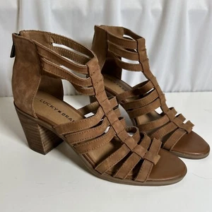LUCKY BRAND 7.5 M LP-Kyndrah Open Toe Block Heel Sandals Boho Zip Brown - Picture 1 of 10