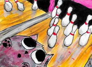 Print ACEO Cat Painting Bowling Ball Sport Contemporary Folk Art by Josh Merritt - Picture 1 of 1
