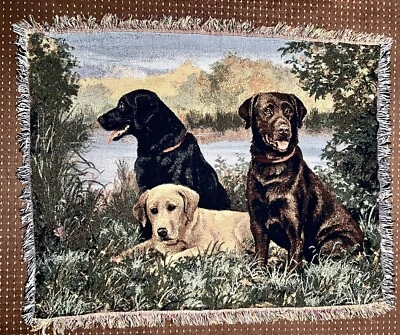 Field of Dreams Labrador Trio Chocolate Yellow Black Lab Tapestry Afghan Throw - Image 1 of 4