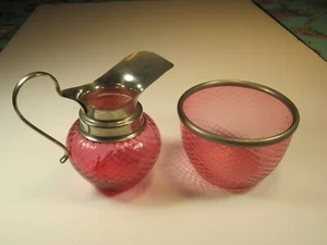 Antique Cranberry Diamond Quilted Pattern Creamer & Sugar Bowl Old Estate - Picture 1 of 7