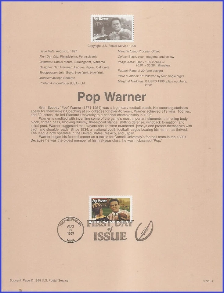 USA5 #3149 U/A SOUVENIR PAGE FDC   Glence Pop Warner with red bar - Image 1 of 1