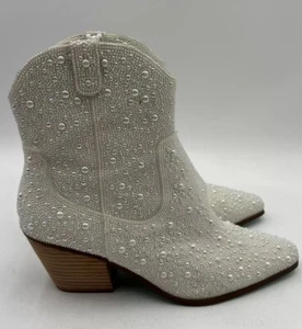 Betsy Johnson SB DIVA White Western Cowboy Boots with Glass Pearl Like Stones 10 - Picture 1 of 19
