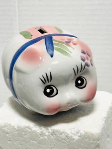 Ceramic Piggy Bank Pink Cheeks Eyelashes W/ Stopper 5” Vintage EUC - Picture 1 of 11
