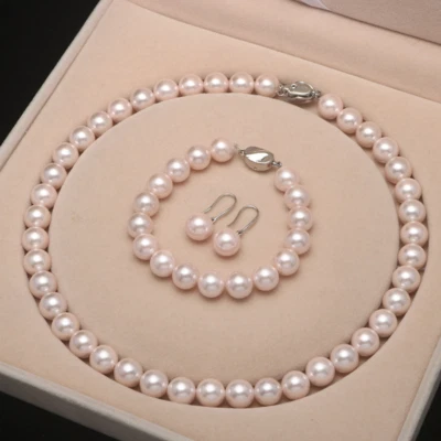 Conjunto de aretes pulsera collar perlas concha de mar rosa redondo de 10 mm regalo madre niña Foto 1 de 3