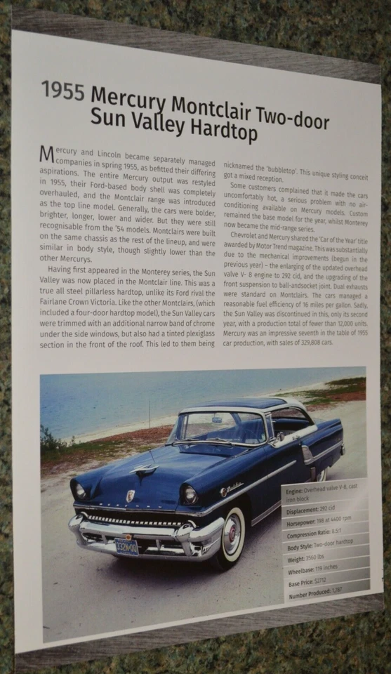 1955 Mercury Montclair Sun Valley Info Spec Sheet Photo Feature Print 55 5 - Image 1 of 1