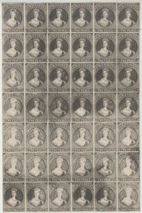 Stamps New Zealand 2d black Chalon block of 42 proofs columns 1-6 rows 14-20  - Bild 1 von 1