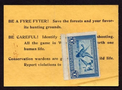 US 1934 FIRST FEDERAL DUCK HUNTING STAMP SCOTT #RW1 UNSIGNED ON BACK OF HUNTING - Image 1 of 2