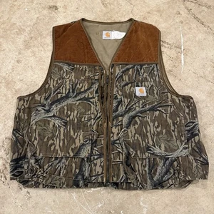 Vintage 80s Carhartt Mossy Oak Camo Hunting Vest MADE IN USA Canvas Vest XL/2XL - Picture 1 of 6