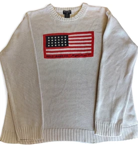 VTG Ralph Lauren Polo Jeans Co Mens XL Knit Sweater Beige USA American Flag - Foto 1 di 19