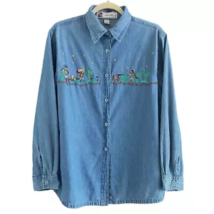 Vintage 90s Embroidered Kokopelli Button Up Shirt Womens L Blue Denim Southwest - Bild 1 von 11