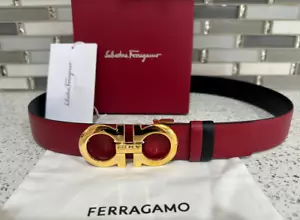 NEW ADJUSTABLE REVERSIBLE RED/BLACK SALVATORE FERRAGAM0 BELT GOLD BUCKLE - Picture 1 of 10