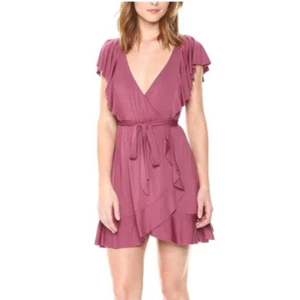 Rachel Pally Lucy Ruffle Wrap Jersey Mini Dress in Dahlia V-Neck Pink Medium - Picture 1 of 8