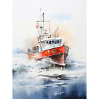 Trawler Fishing Boat Red Blue Rough Sea Fishermen Seascape Canvas Print 18X24