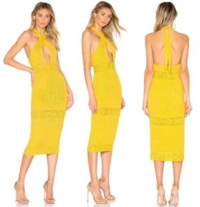 NBD Dress Women Medium Yellow Brandy Open Knit Crochet Halter Neck Midi Retro - Picture 1 of 14