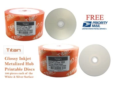 SPECIAL!!! 200 TITAN 16X Glossy Inkjet HUB Printable DVD-R Disc 4.7GB [100 Each] - Image 1 of 3