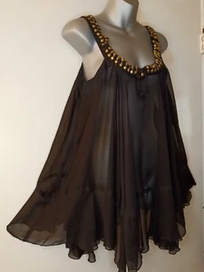 Sharagano durchsichtig schwarz Babydoll Nite Kleid Cover Up Top goldfarbene Nieten Gr. Medium - Bild 1 von 12