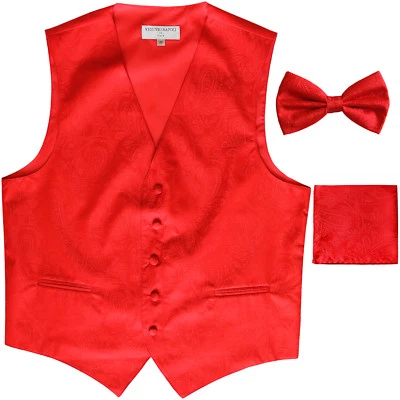  New Polyester Men's Tuxedo Vest Waistcoat & Bow tie_hankie Paisley red formal - Image 1 of 4