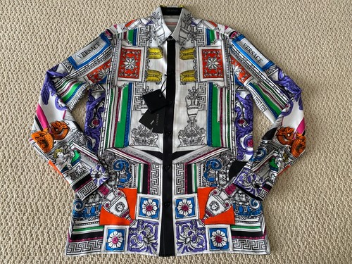 Camicia nuova con etichette Versace mitologia greca stampa barocca logo seta abbottonata 40 15 3 4