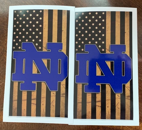 2 Notre Dame Fighting Irish USA Stars & Stripes Flag Vinyl Stickers 5x3 Decal Cover