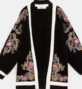 Zara Textured Knit Cardigan chenille velvet oversized sequin embellished S-M - Picture 1 of 4