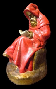 Vintage Bronze Monk Friar Reading Book Statue Red Robe Catholic Decor Wizard - Picture 1 of 10