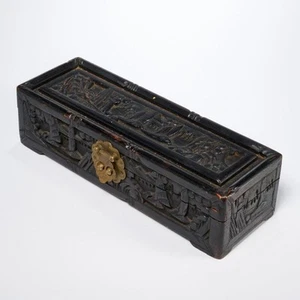 Chinese Black Camphor Carved Wood Rectangular Tea Brush Jewelry Storage Box - Picture 1 of 7